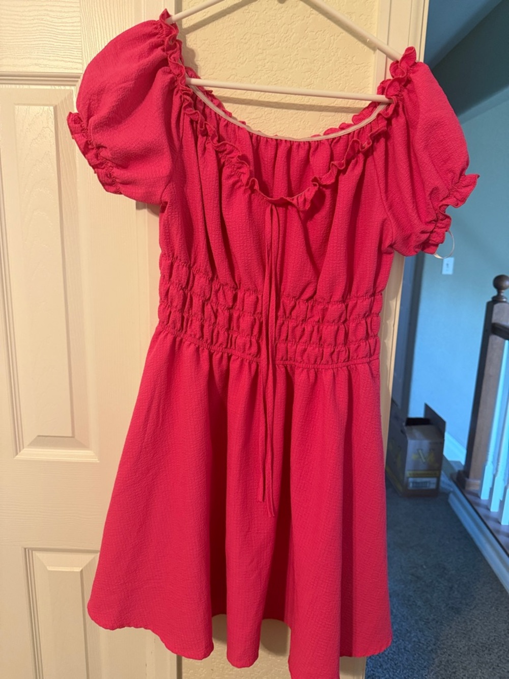 Girls' Hot Pink Ruffled Puff-Sleeve Dress